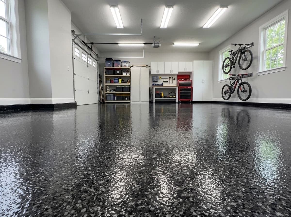 Charcoal flake garage floor coating near Parma, Cuyahoga County