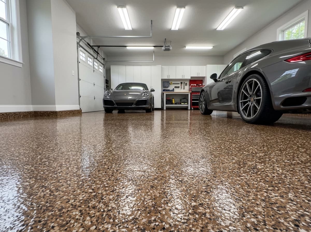 Brown flake garage floor coating near Parma, Cuyahoga County
