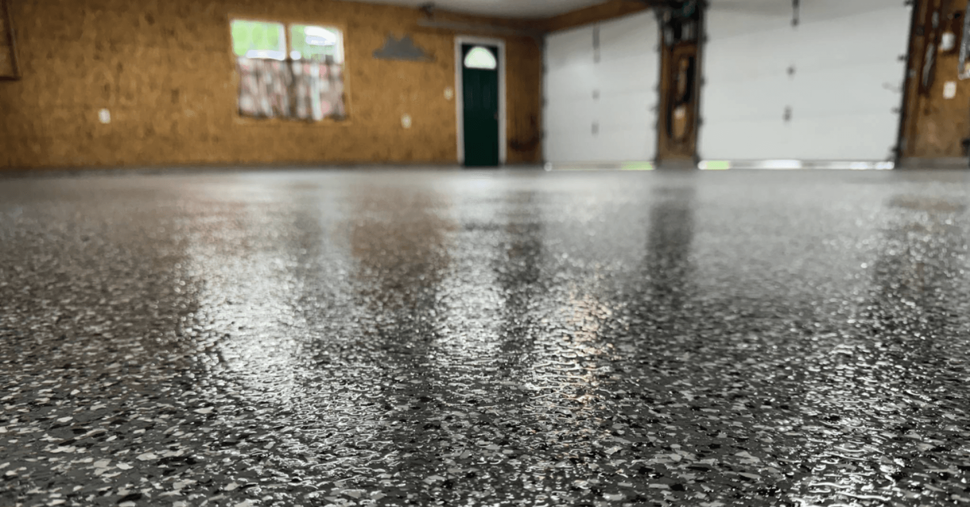 Custom red, white & black flake garage floor