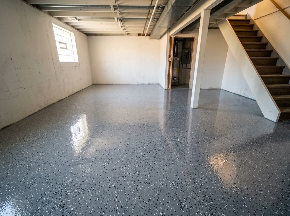 After: bright gray flake polyurea coated basement floor