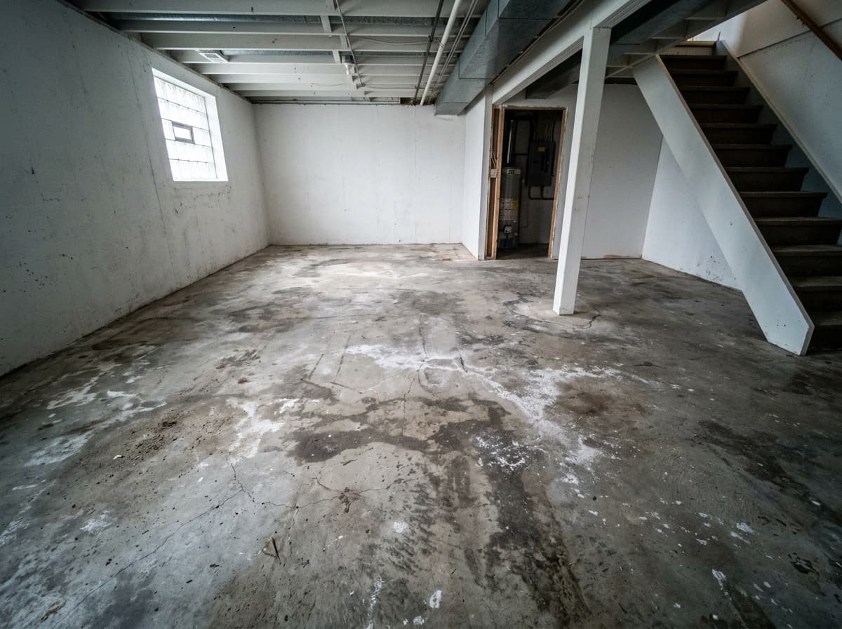 Before: raw bare concrete basement floor