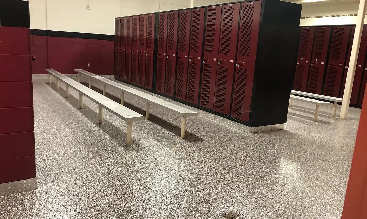 Maroon locker room floor coating at a Northeast Ohio facility