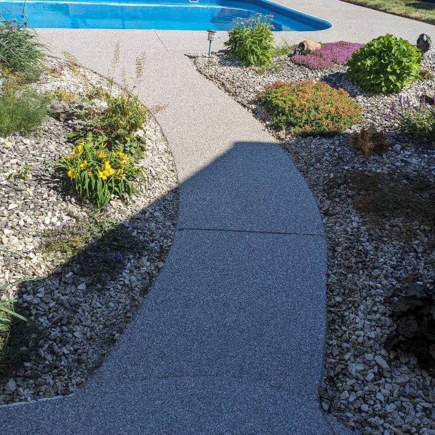 Slip-resistant gray-blue flake pool walkway coating — Northeast Ohio