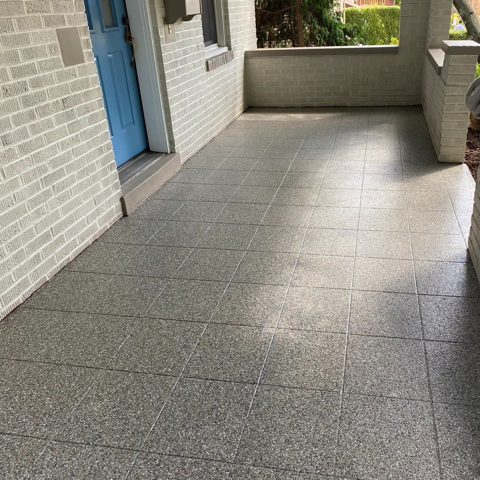 Coated front porch with gray flake finish and blue door — Greater Cleveland, OH
