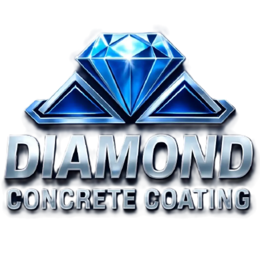 The image features a logo with a blue diamond icon above the text "DIAMOND CONCRETE COATING" in metallic silver letters.