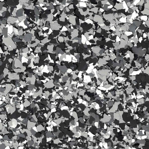 The image shows a close-up of a black, white, and gray speckled pattern resembling epoxy or terrazzo flooring, without any visible landmarks.